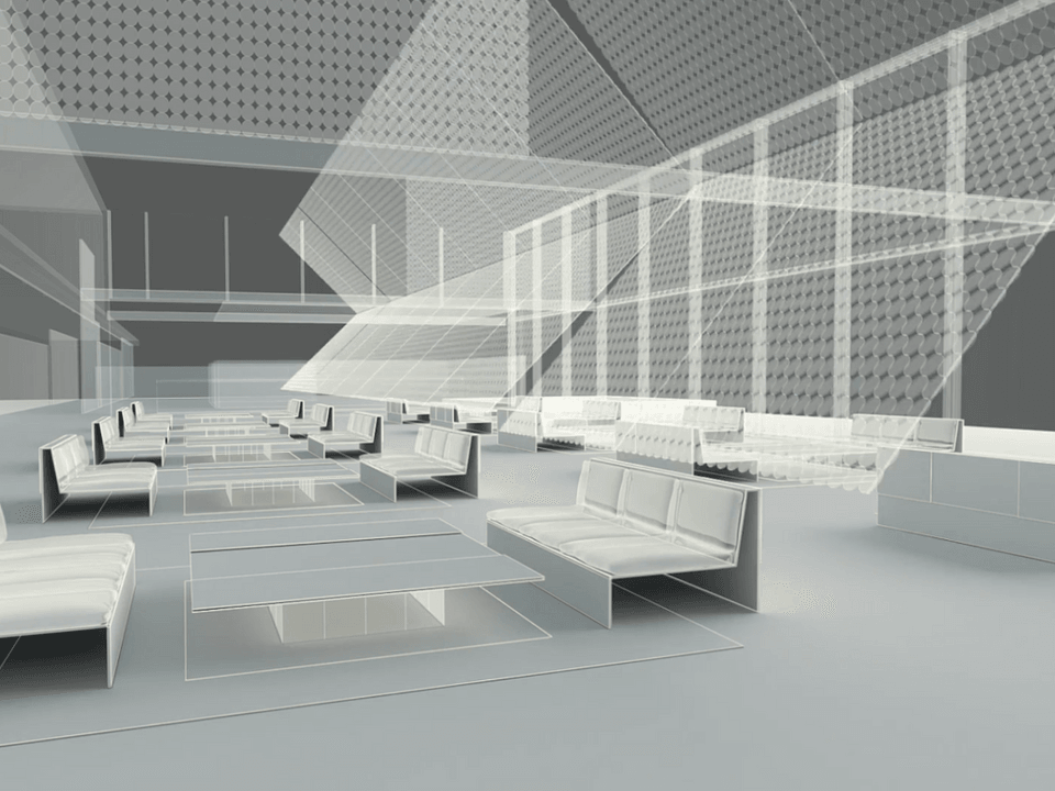Futuristic view of hotel lobby with tables and chairs.
